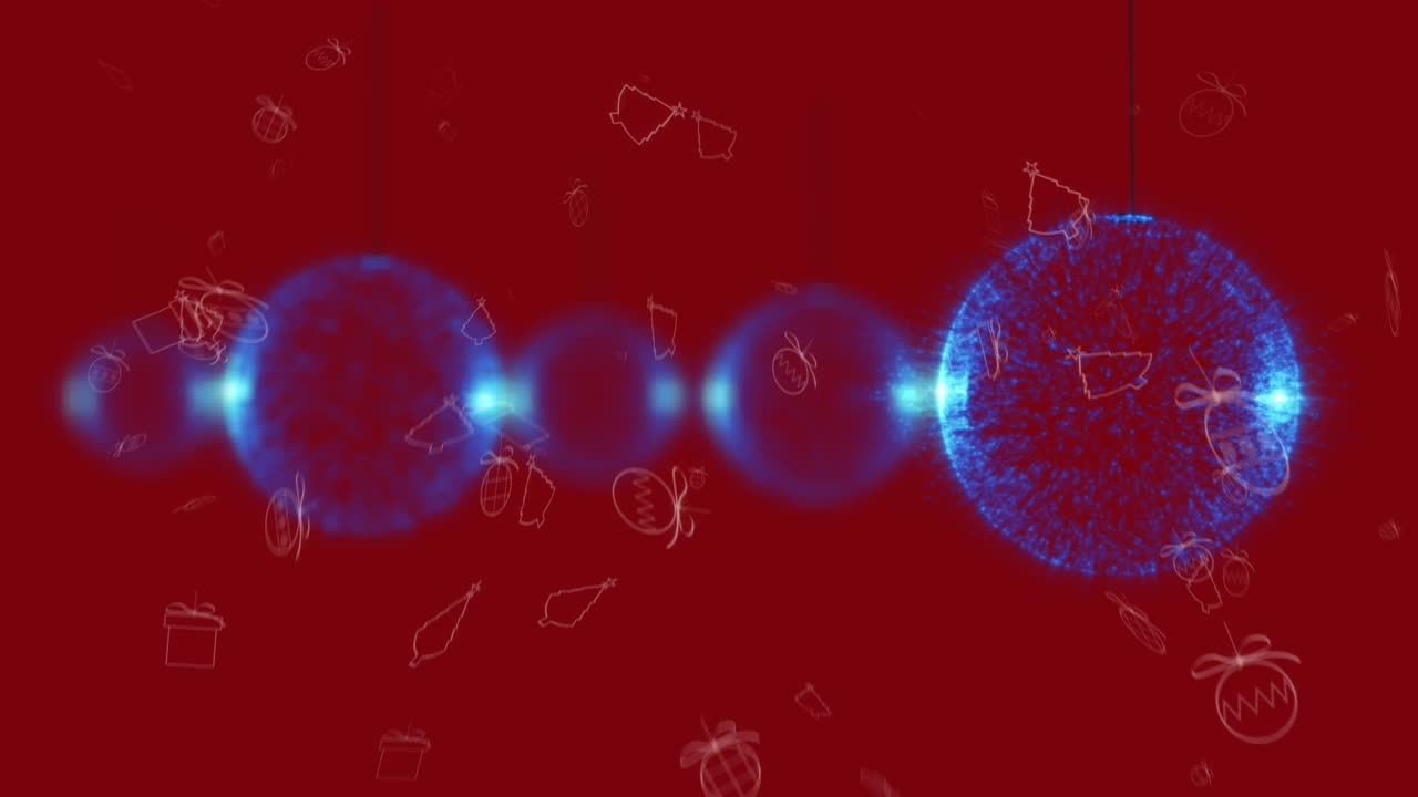 ⁇ 은 배경에 떨어지는 크리스마스 컨셉 아이콘에 대해 여러 개의 파란색 바블을 매달고 있습니다.