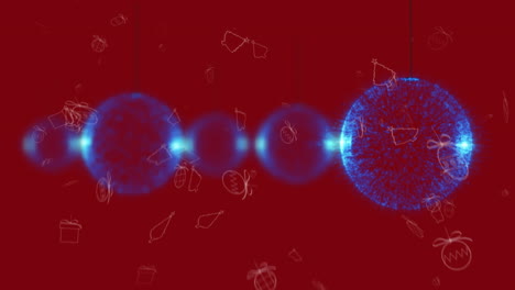 múltiples bolas azules colgantes contra los iconos del concepto de navidad que caen contra el fondo rojo