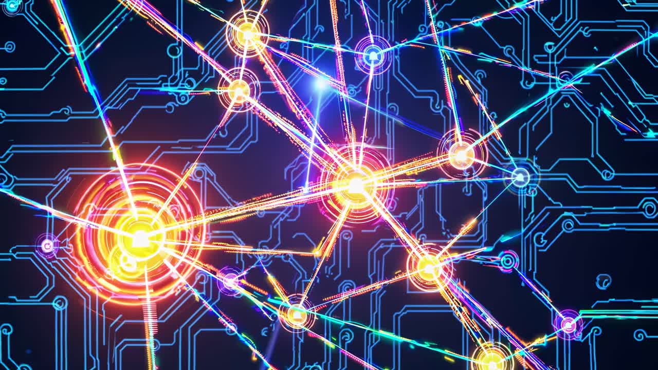 Aerial view of a digital network with glowing nodes and lines on a circuit board background