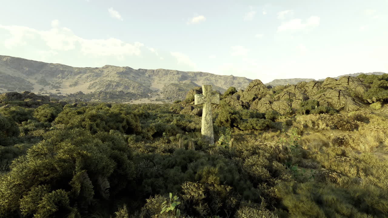 Esplorando una croce consumata tra aspre colline e vegetazione al tramonto
