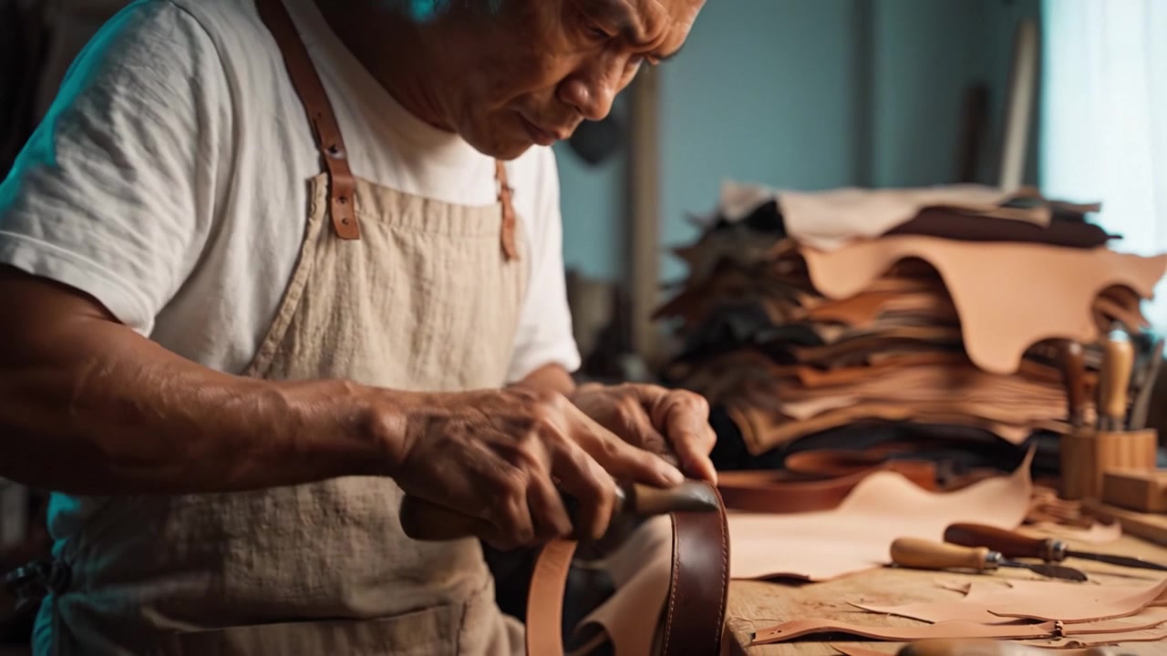 Artisanal Leather Craftsmanship: A Skilled Artisan Meticulously Shaping and Detailing Leather Goods in a Sunlit Workshop Filled with Tools and Materials