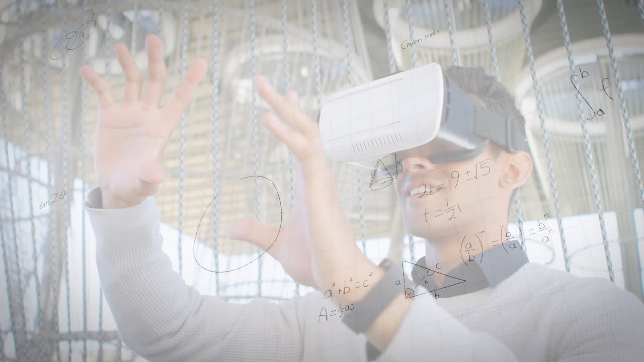 Animation of mathematical formulas over man using vr headset