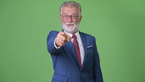 hombre de negocios barbudo y guapo contra un fondo verde.