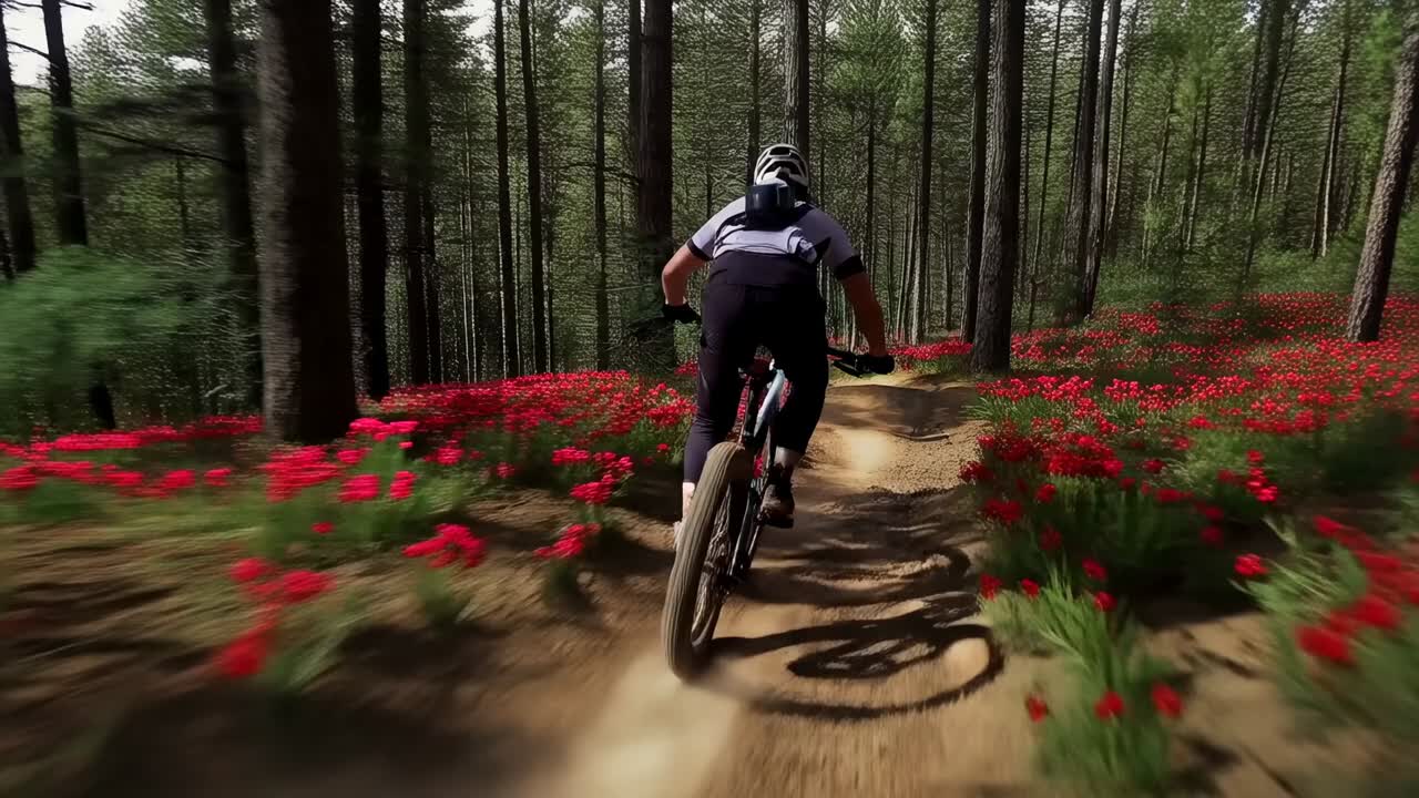 Ciclista pedalando em uma mountain bike com capacete e mochila, mudando de marcha e praticando curvas em uma trilha de pinheiros com flores vermelhas