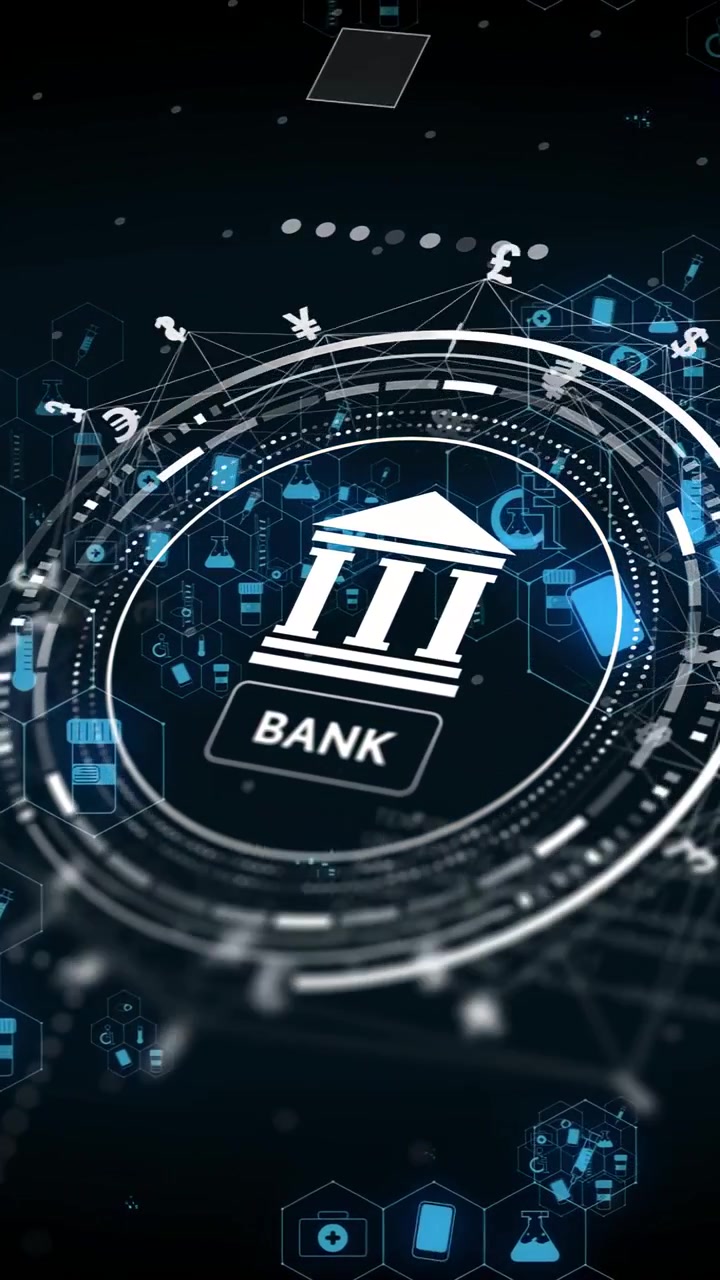 Vertical video: Bank HUD appearing, rotating, pulsing, moving funds along lines showing global flow
