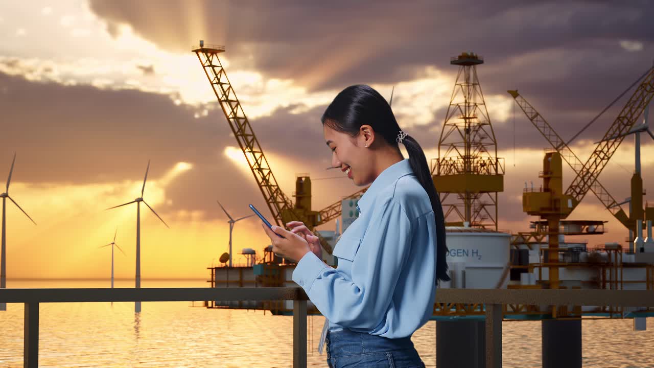 아시아 여성 전문 노동자가 스마트폰과 함께 서서 해상 수소 생산, 하이테크 산업 시설, 명상으로 스마트폰을 확인합니다.