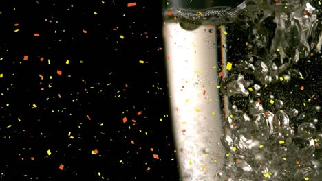 animación de confeti cayendo y champán siendo vertido en el vidrio
