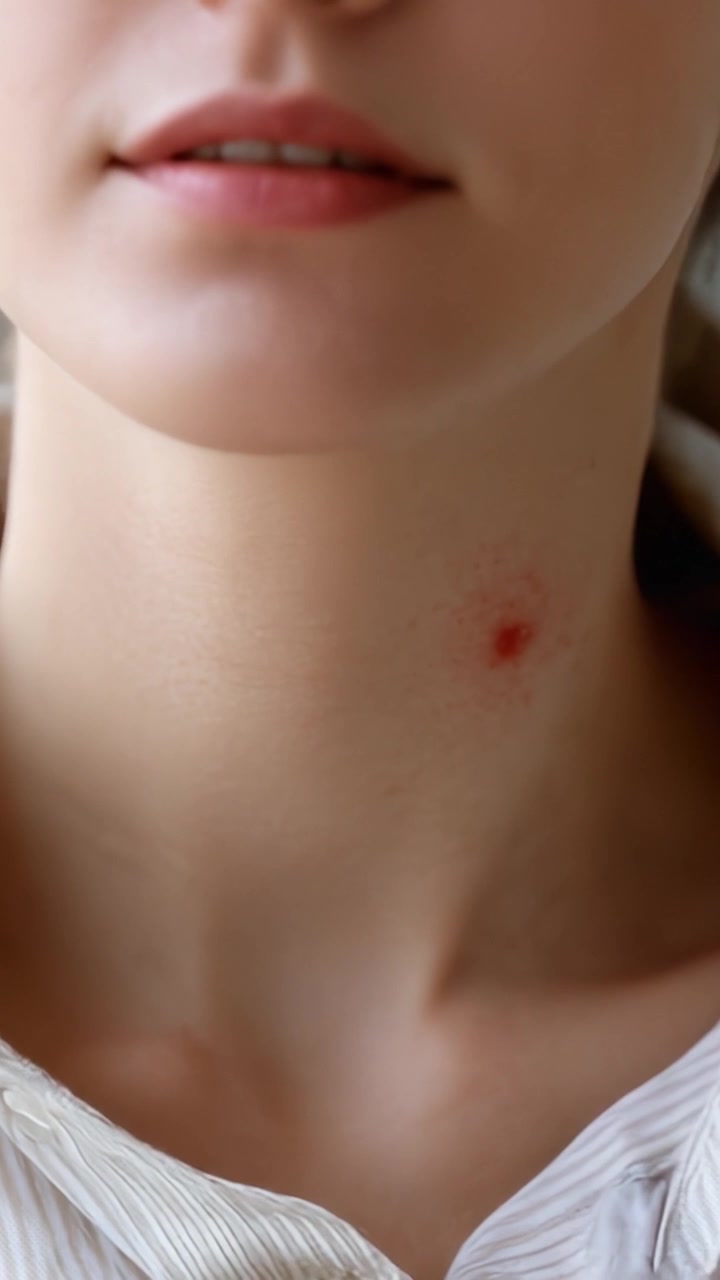 Immagini ravvicinate che evidenziano l'irritazione cutanea nella zona del collo di un giovane individuo, sottolineando il rossore e una possibile causa di preoccupazione per la salute dermatologica