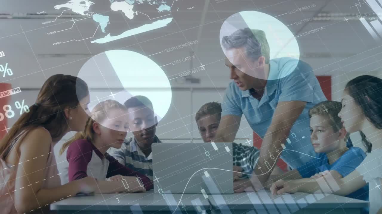 aula usando portátil con transición de gráfico de finanzas