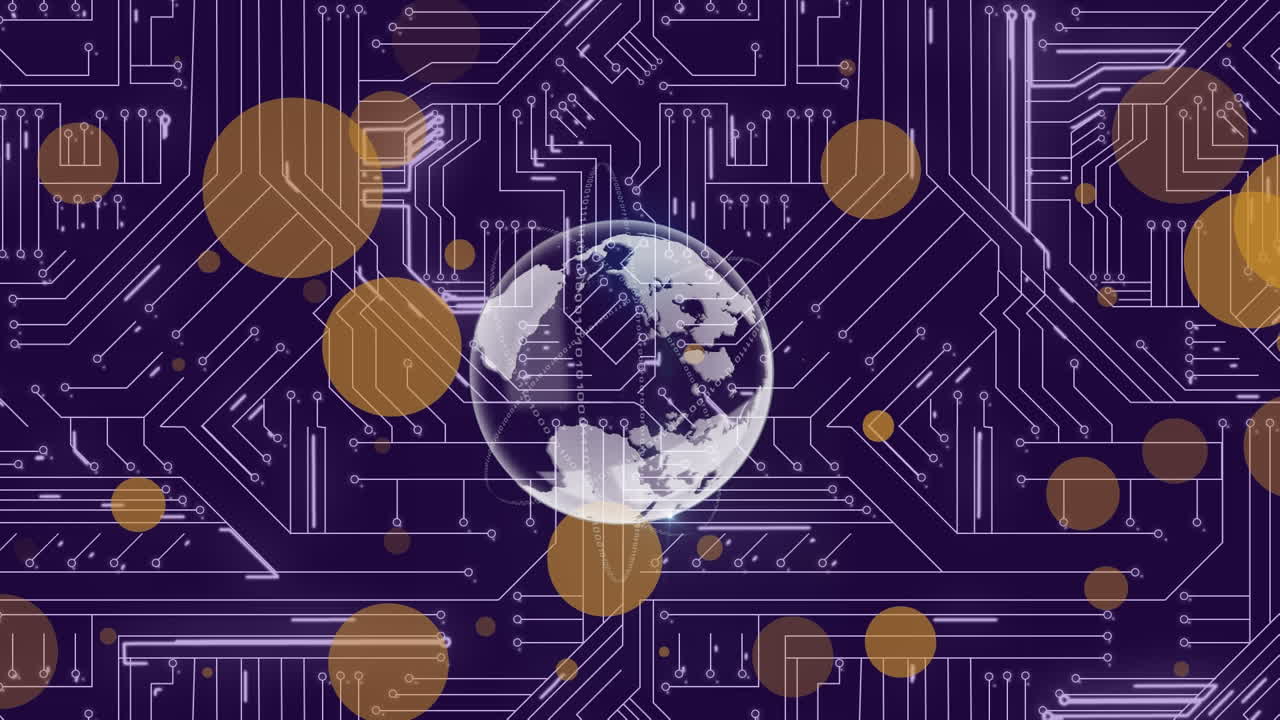 Animation of globe and light spots over computer circuit board on black background
