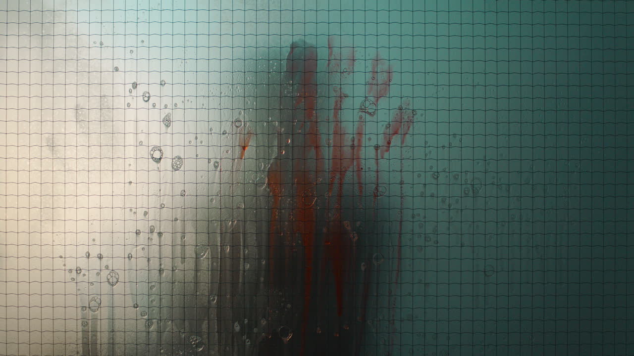 equipo forense limpiando sangre en la ventana después de un asesinato brutal con flash de cámara