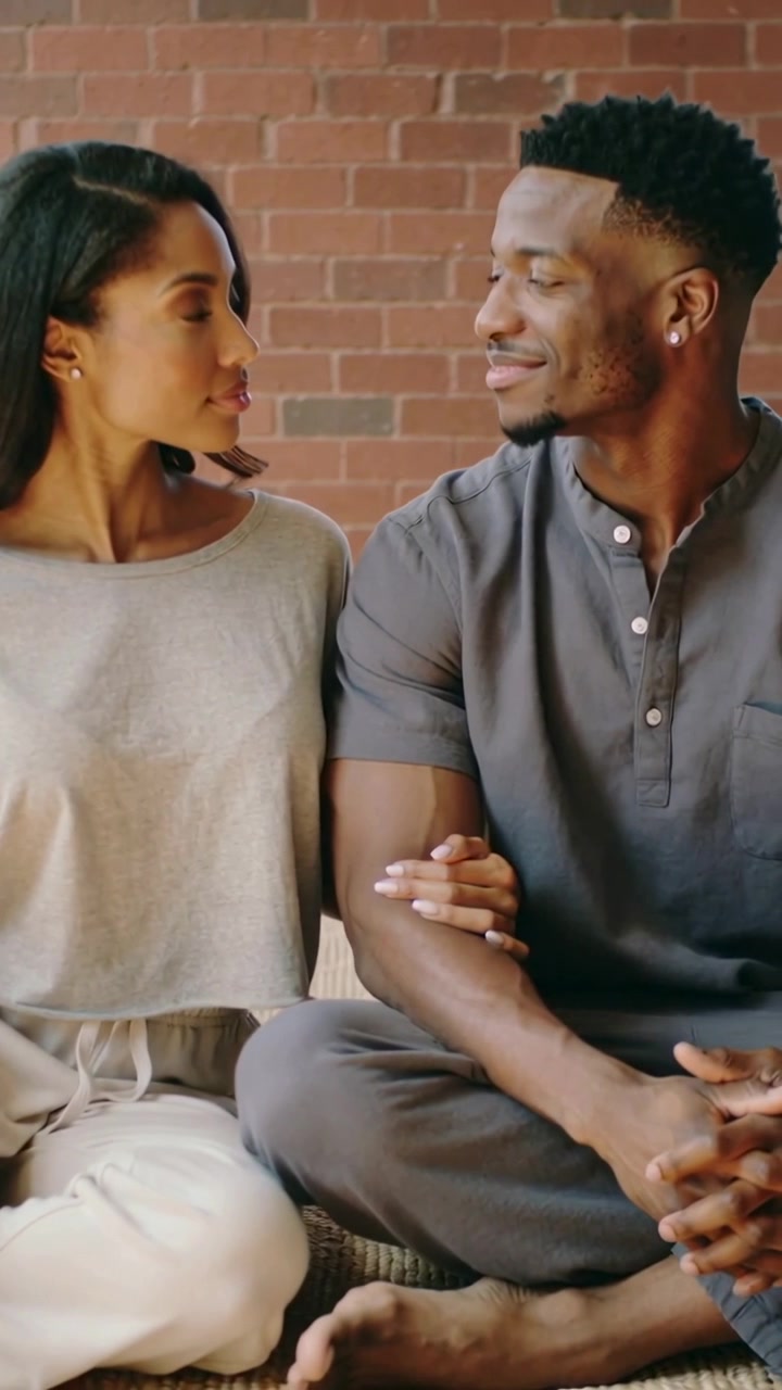 Vertical video: Woman placing hand on man, couple sitting on loft couch sharing bond in loungewear