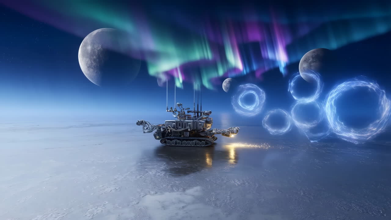 Futuristic Vehicle on an Alien Ice Planet with Aurora and Energy Rings