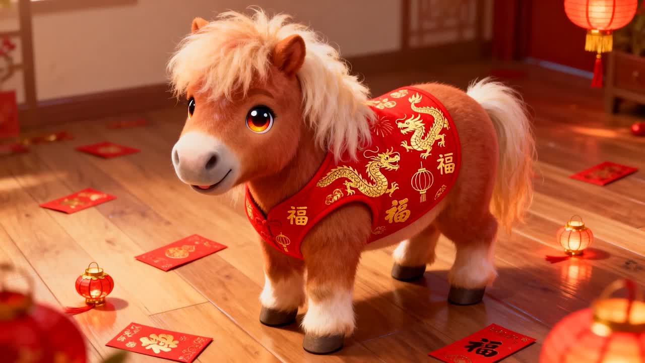 Movendo a câmera para mais perto de um cavalo de pelúcia em casa após o enquadramento, mostrando colete vermelho, hongbao, lanternas