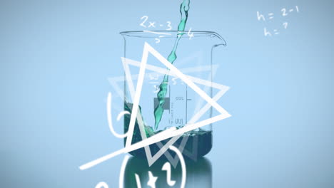 Animation of mathematical equations, triangles over liquid pouring in glass beakers