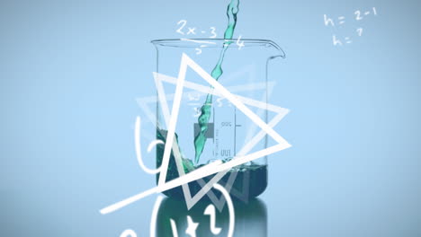 animation of mathematical equations, triangles over liquid pouring in glass beakers