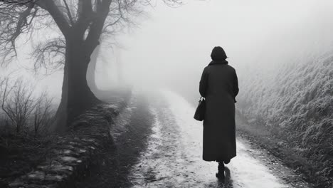 a person walking down a foggy road in the middle of a forest