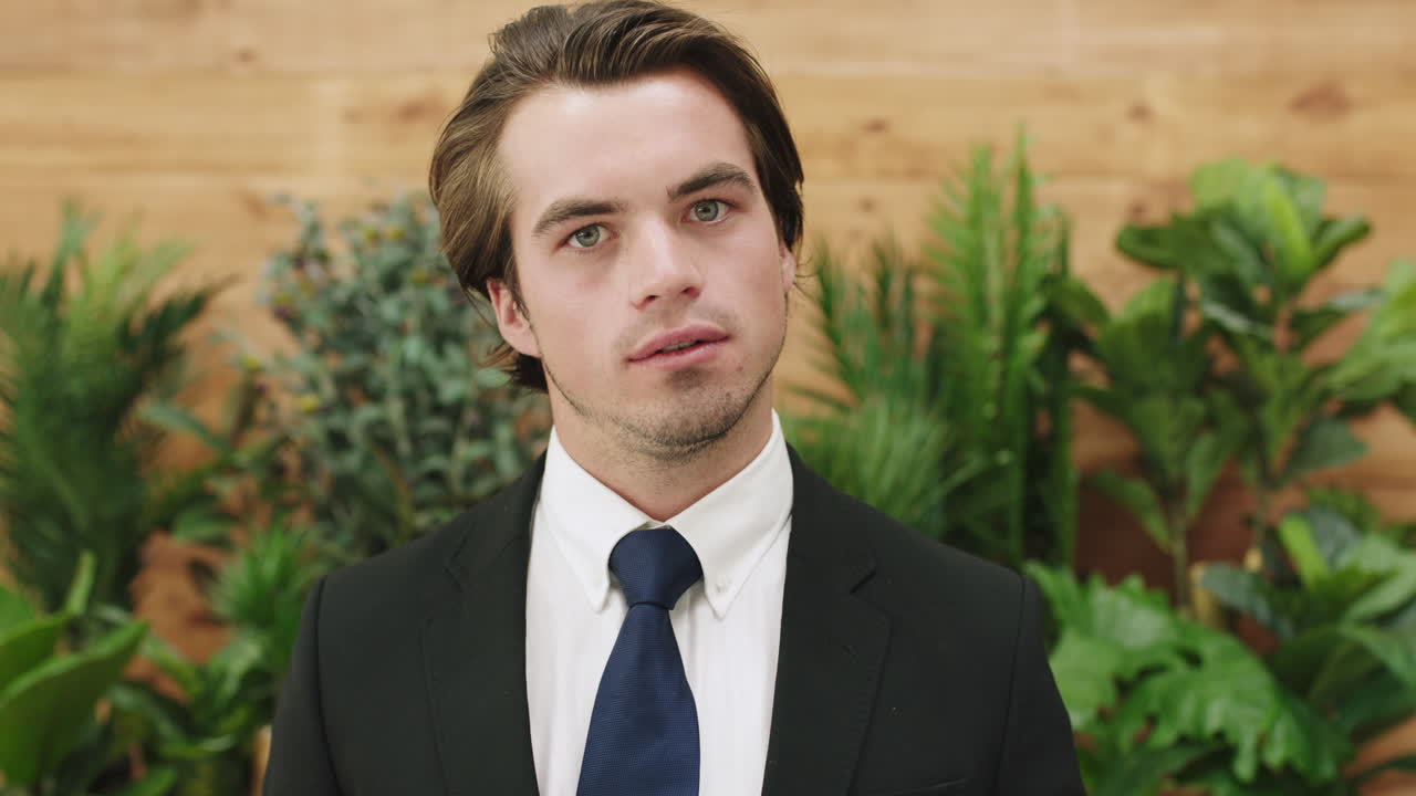 negocios, hombre y cara traje de moda en una empresa