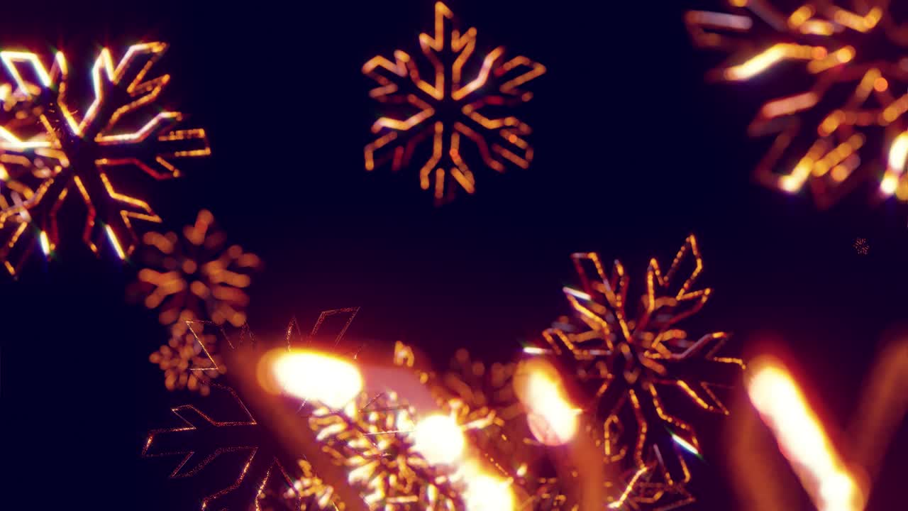 3d fondo de navidad dorado con bokeh y profundidad de campo de juguetes brillantes copos de nieve colgando en el aire hermosamente brillantes lentamente balanceándose y brillando en la luz. hermoso 3d para el año nuevo en 4k