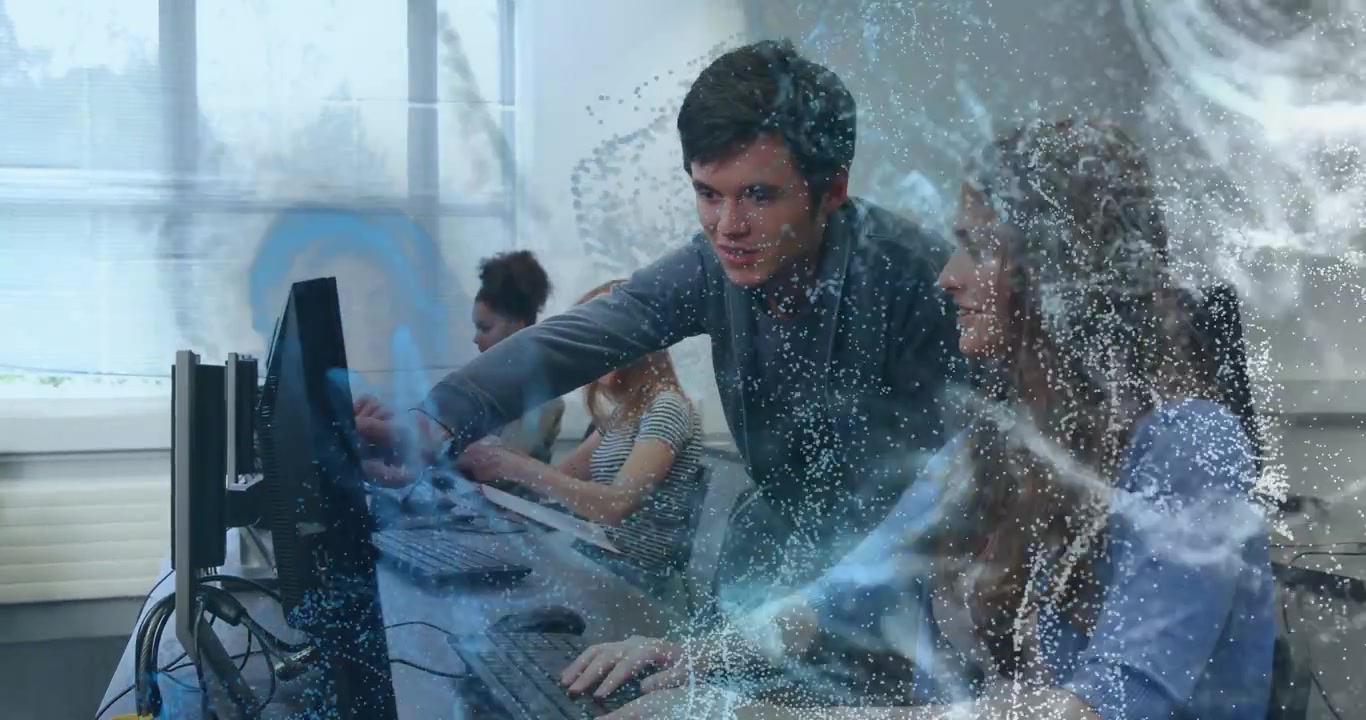 Woman typing while man coming and guiding keyboard for training in lab blue swirl revealing faces