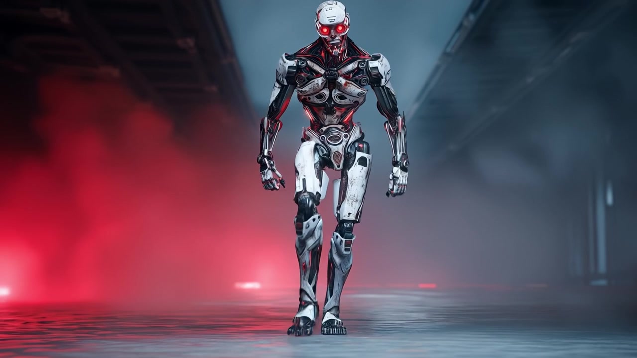 Slank hvid og sort humanoid robot med glødende røde øjne går gennem en tåget mørk korridor.