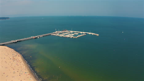 Aerial-panoramic-view-of-Monciak-pier-in-Sopot,-Poland