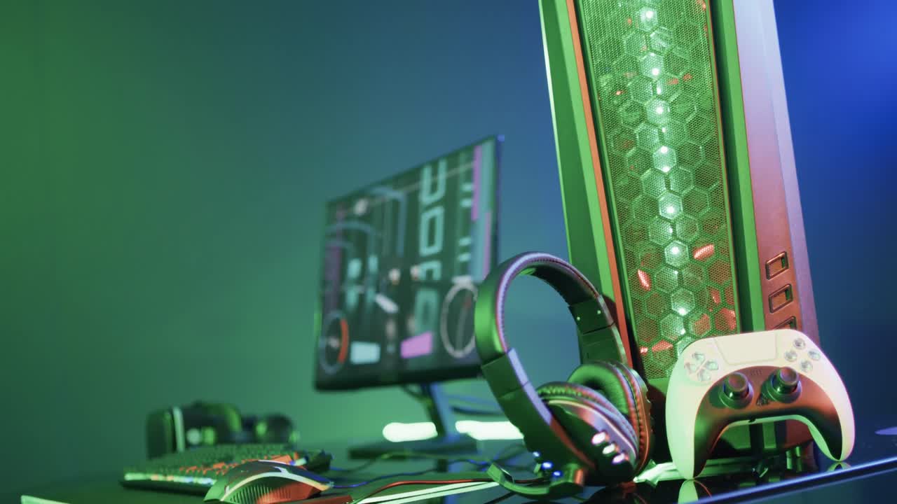 네온 배경에 복사 공간을 가진 책상 위에 게임 컴퓨터와 게임 장비의 비디오