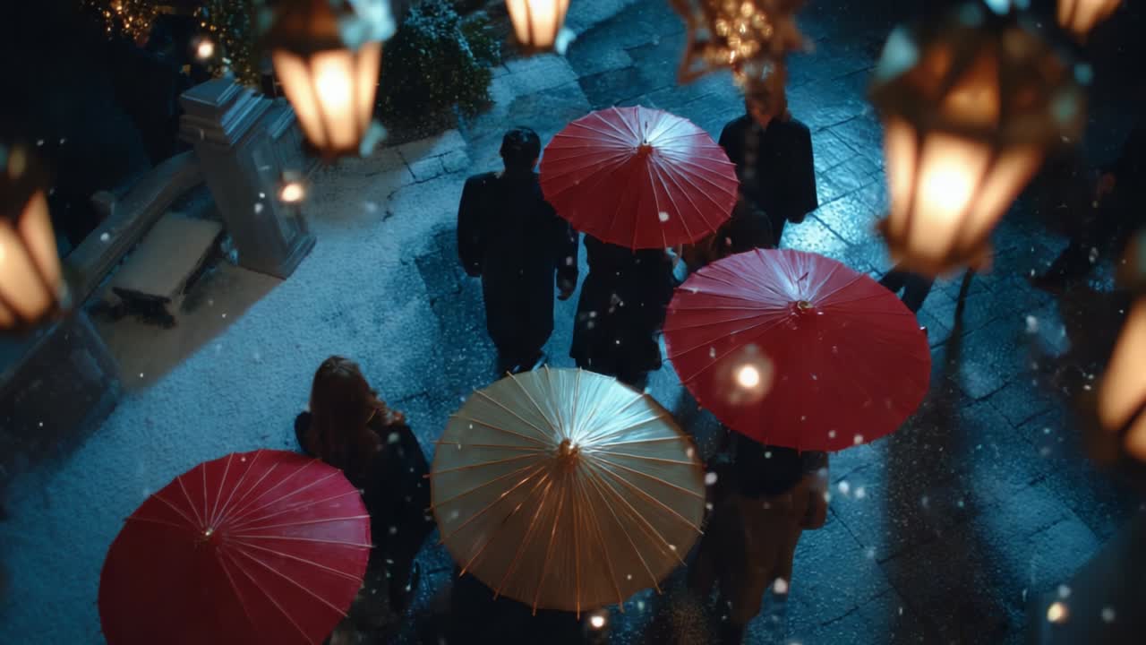 A Winter Evening Scene with Colorful Umbrellas Under Soft Snowfall, Capturing the Warm Glow of Street Lighting as People Gather Together in Cozy Atmosphere, Perfect for Evoking Nostalgic Feelings