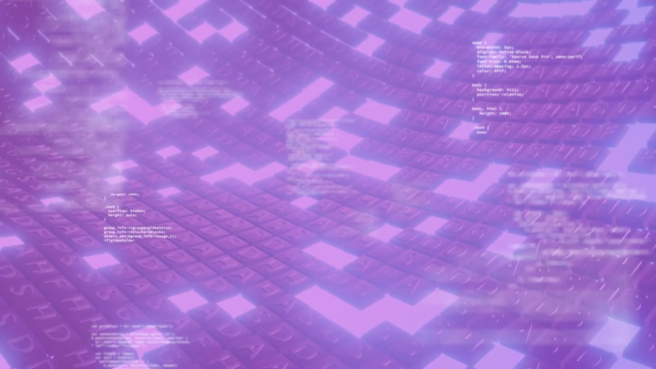 Camera panning rightward causing tile grid undulating, code panels and light pulses showing data