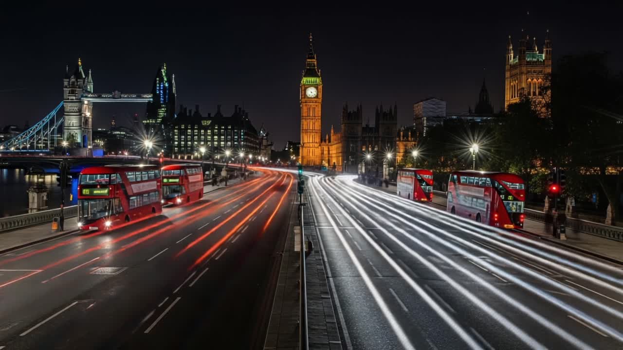 A Stunning Nightscape of Iconic Landmarks and Vibrant City Life with Buses and Traffic Illuminated Aglow Under the Night Sky