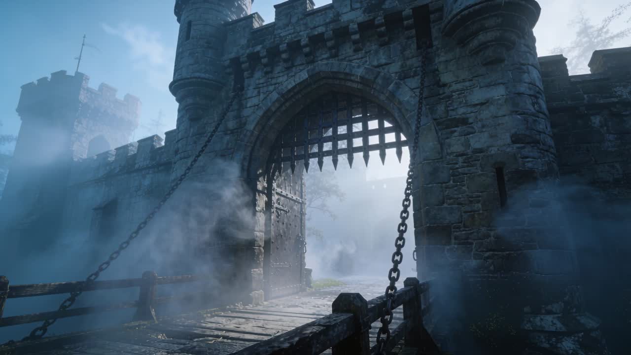 Video verticale: Il cancello rivela il passaggio mentre la nebbia si dirada e la telecamera esegue una panoramica mostrando una saracinesca storica.