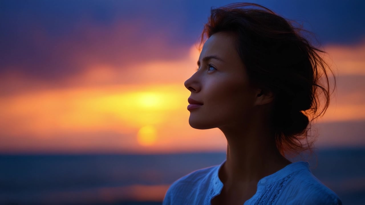 A serene moment captured during sunset, showcasing a contemplative woman gazing toward the horizon, enveloped in the warm colors of dusk by the ocean.