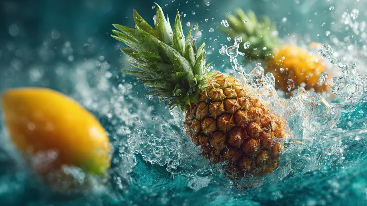 A Dynamic Splash: Fresh Pineapples and Lemons in Crystal Clear Water Creating an Exquisite Culinary Scene Full of Refreshing Vibrancy and Natural Flavor