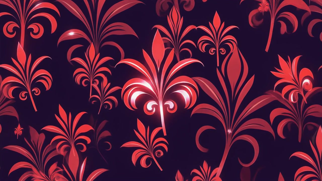 Patrón animado de flor de lis rojo con efectos de luz brillante.