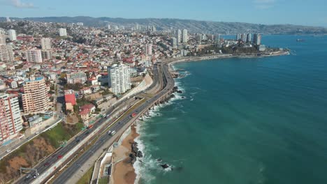 Aerial-Of-Playa-Caleta-Abarca-And-Avenida-Espana-In-Vina-del-Mar,-Valparaiso,-Chile