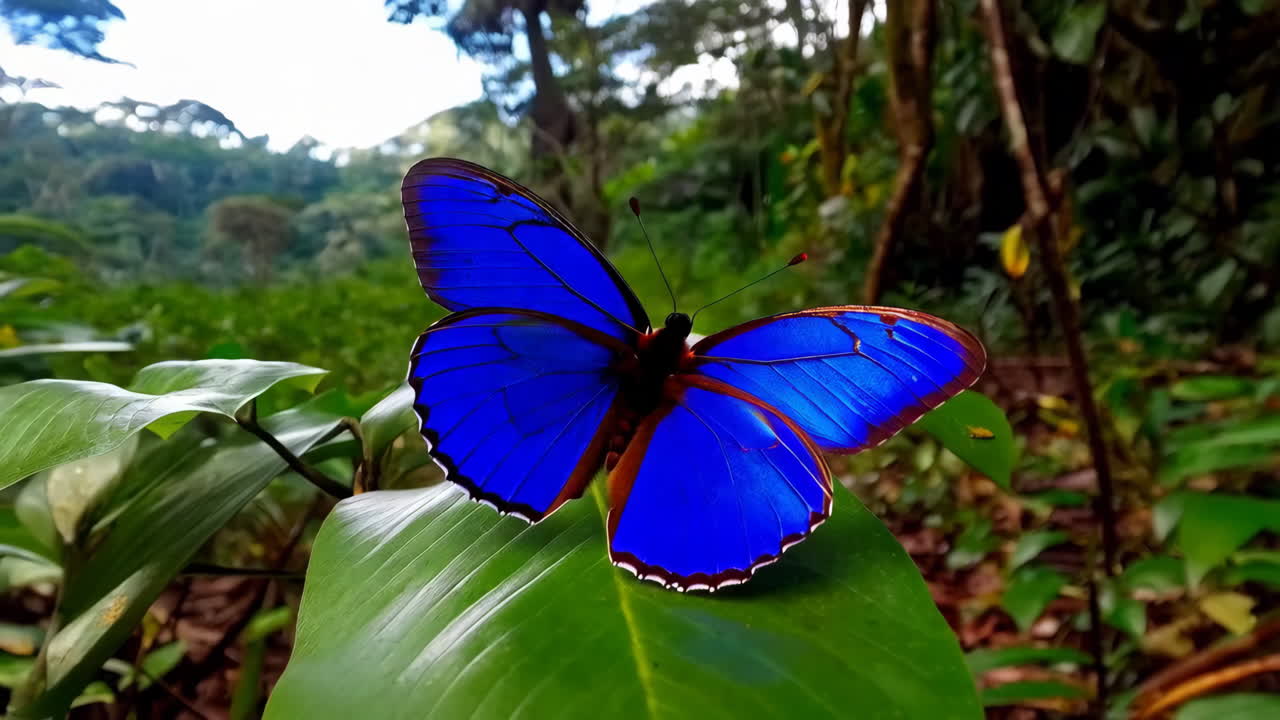 Vibrant Blue Butterfly on a Leaf in the Jungle