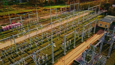 drone shot, electricity substation facility, electric energy distribution system