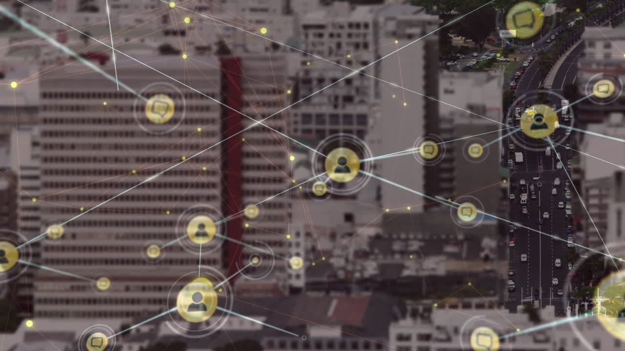 Animazione di rete di connessioni su paesaggio urbano