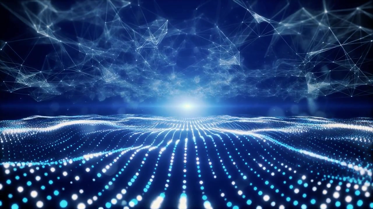 Abstract Digital Landscape with Glowing Particles and Network Connections