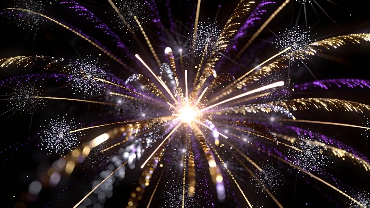 Un nucleo emerge in un vuoto nero, sprigionando un'esplosione scintillante che invia strisce oro-viola verso l'esterno, formando scintille.
