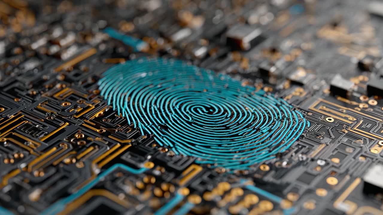 Exploring the Fusion of Technology and Security: A Macro Perspective on a Circuit Board Featuring a Unique Fingerprint Pattern Emphasizing Data Protection