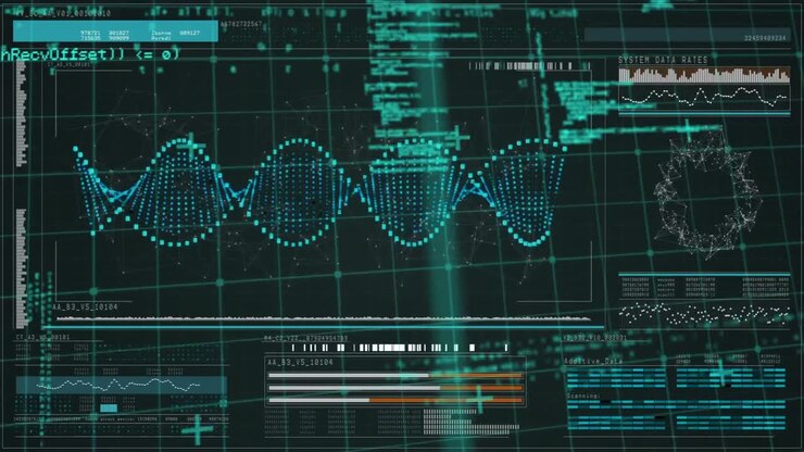 Animation of dna strand and scientific data processing with circuit board