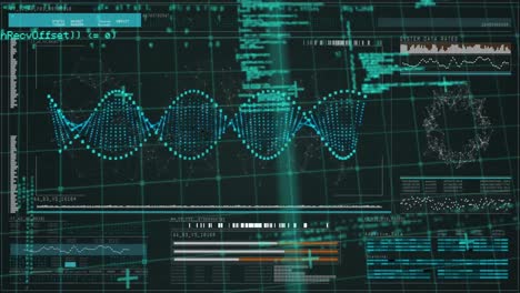 Animation-Des-DNA-Strangs-Und-Wissenschaftliche-Datenverarbeitung-Mit-Leiterplatte