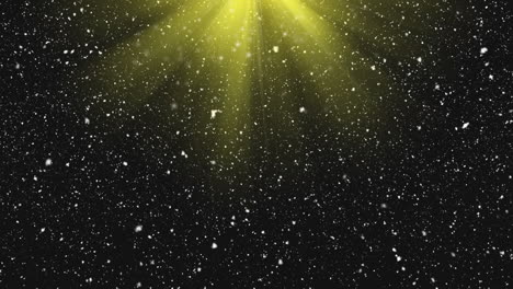 animation of christmas snow falling over pulsating yellow spotlight on black background