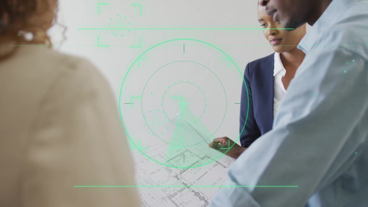 Architect pointing pen, colleague joining and clarifying layout while green HUD rotating over plans