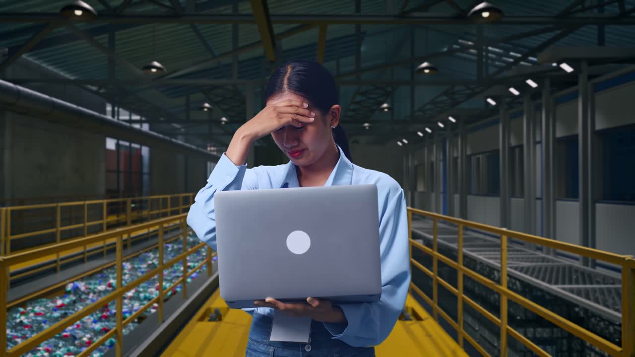 Asian Female With Her Laptop, Inspecting Plastic Recycling Factory with Conveyor of Bottles, She Is Nodding Her Shead With Dissapionted