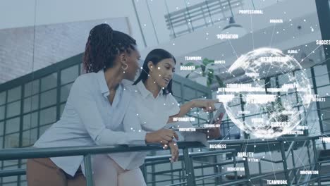 animation of globe with texts over diverse business people in office