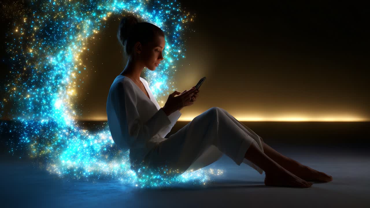 A woman immersed in a digital world, sitting gracefully while holding a smartphone surrounded by a mesmerizing swirl of sparkles and radiant lights, embodying the blend of technology and creativity