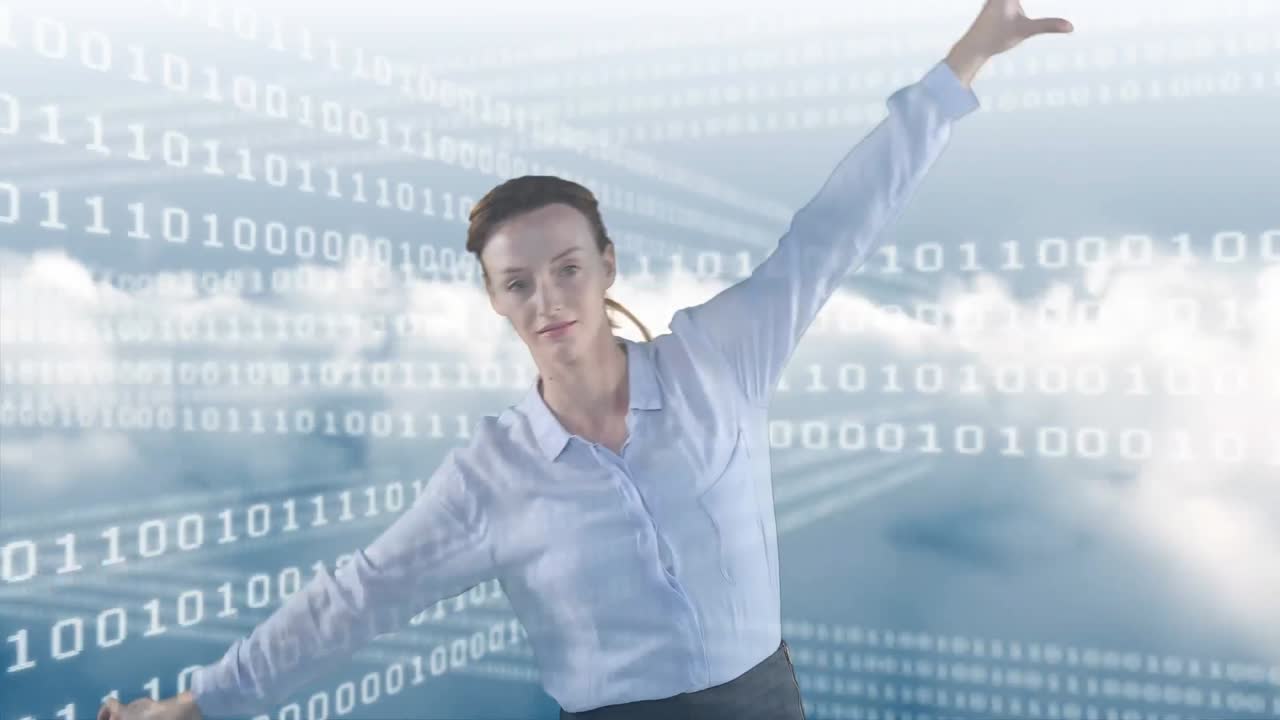 데이터와 숫자가 떠다니는 균형을 유지하는 백인 여성의 애니메이션