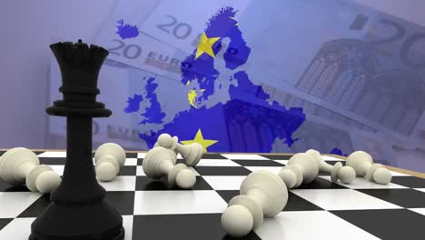 animation of queen and fallen pawns on chess board with european union flag in map over 20 euros